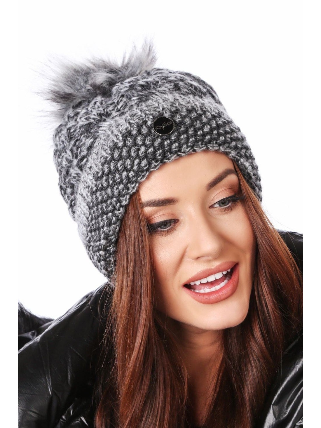 Braided winter hat with a pompom, dark gray C47 - Online store - Boutique